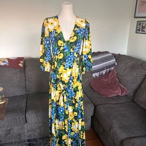 Nordstrom Yellow and Blue Wrap Sundress with Flutter Sleeves